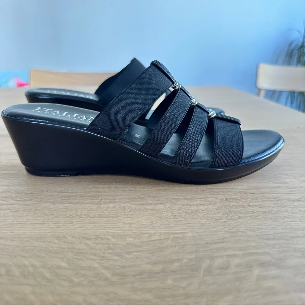 Italian Shoemakers Black Wedge Slip On Sandal Sz 9M Silver Accent New Adalynn